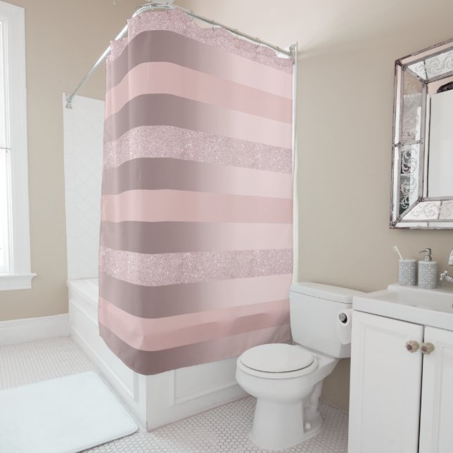 Elegant rose gold glitter & blush pink stripe shower curtain (In Situ)