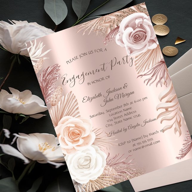 Elegant Rose Gold Glitter Boho Flowers Engagement  Invitation (Creator Uploaded)