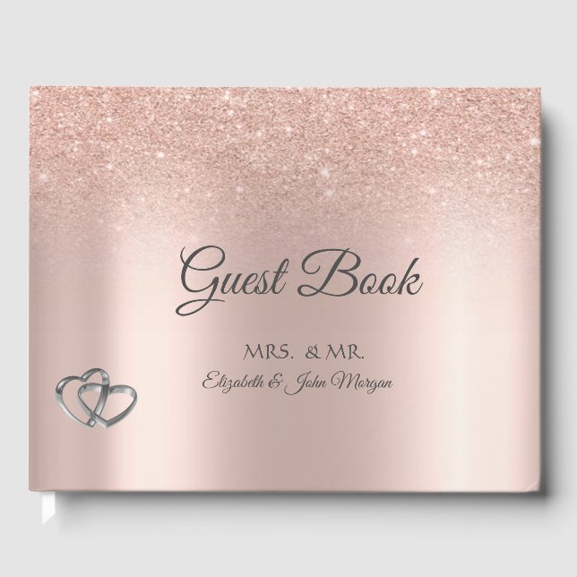 Elegant Rose Gold Glitter Bokeh Hearts Wedding Guest Book (Front)