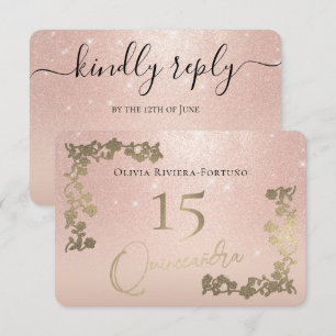 Elegant Rose Gold Glitter Chic Floral Quinceanera  RSVP Card