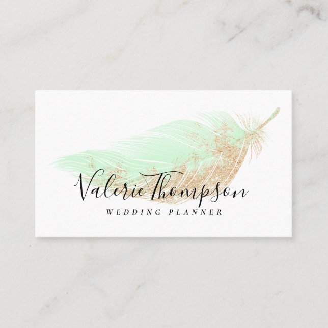 Elegant rose gold glitter chic mint feather modern business card (Front)