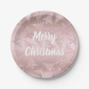 Elegant Rose Gold Glitter Christmas Tree Pattern Paper Plate