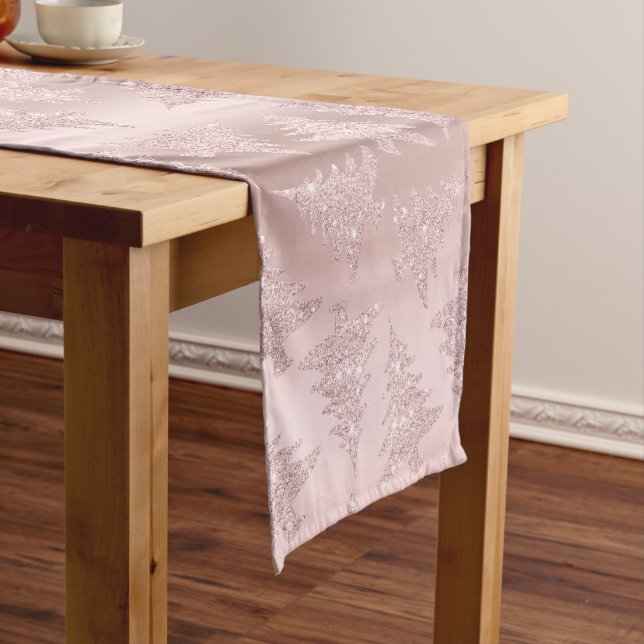 Elegant Rose Gold Glitter Christmas Tree Pattern Short Table Runner (In Situ)