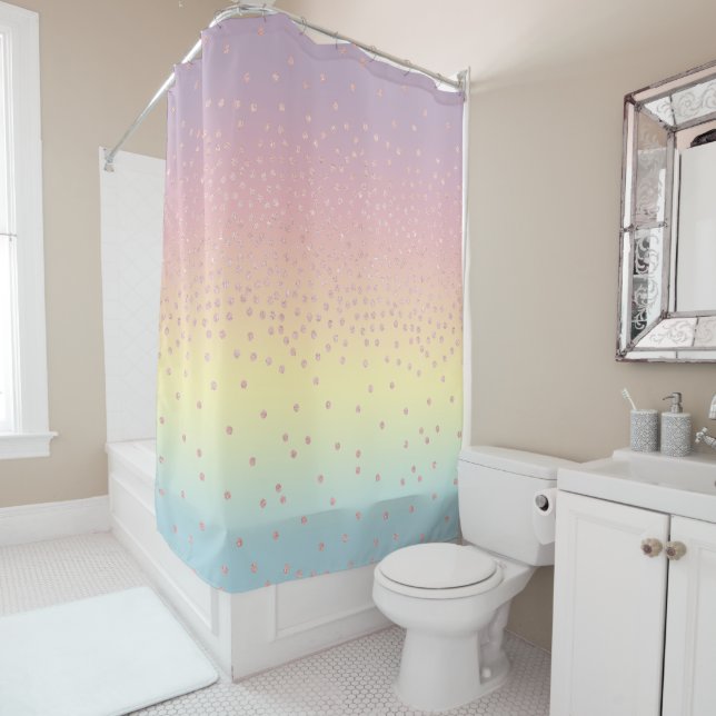 Elegant rose gold glitter confetti dots gradient shower curtain (In Situ)