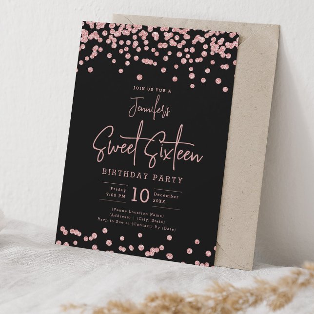 Elegant Rose Gold Glitter Confetti Sweet 16 Black  Invitation (Elegant Rose Gold Glitter Confetti Sweet 16 Black Invitation)