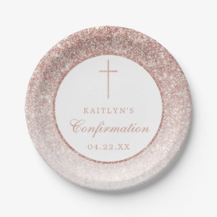 Elegant Rose Gold Glitter Confirmation Or Baptism Paper Plate