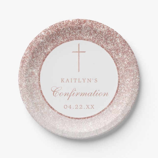 Elegant Rose Gold Glitter Confirmation Or Baptism Paper Plate (Front)