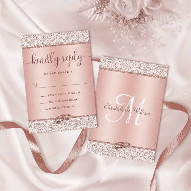 Elegant Rose Gold Glitter Damask Wedding RSVP Card (Creator Uploaded)
