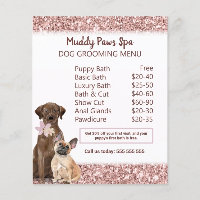 Elegant Rose Gold Glitter Dog Grooming Menu  (Front)