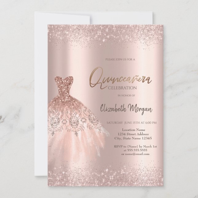Elegant Rose Gold Glitter Dress Dusty Quinceañera Invitation (Front)