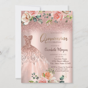 Elegant Rose Gold Glitter Dress Roses Quinceañera Invitation