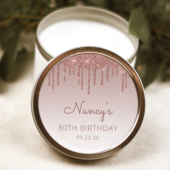 Elegant Rose Gold Glitter Drip 80th Birthday Party Classic Round Sticker (Creator Uploaded)