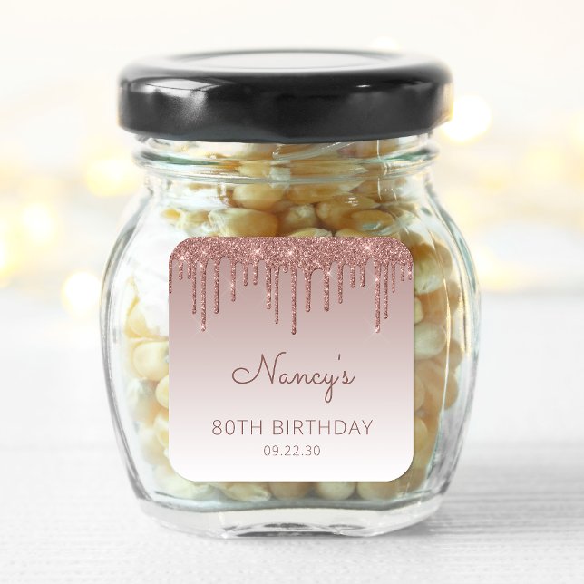 Elegant Rose Gold Glitter Drip 80th Birthday Party Square Sticker (Creator Uploaded)