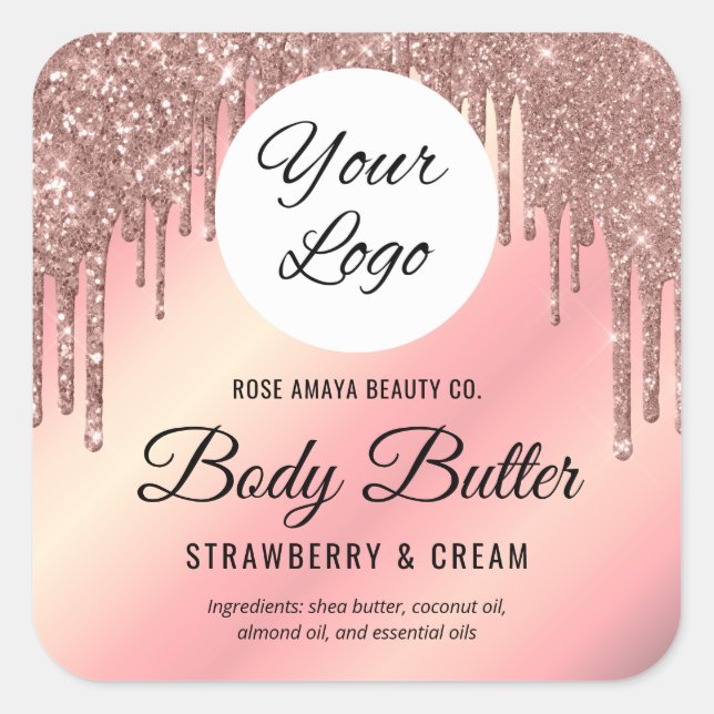 Elegant Rose Gold Glitter Drip Product Logo Label (Front)