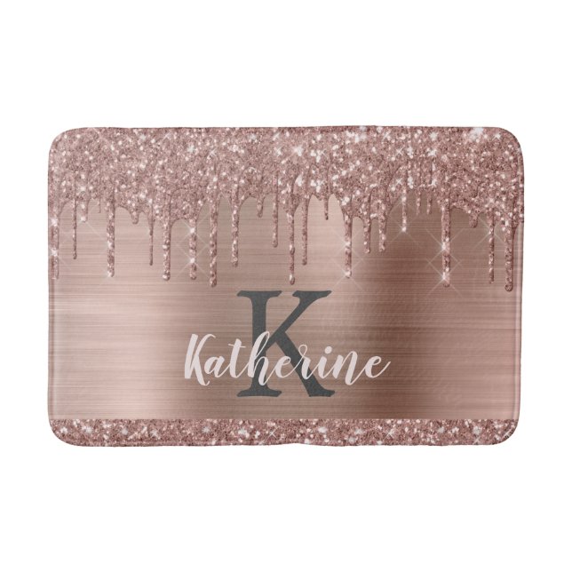 Elegant Rose Gold Glitter Dripping Pink Metal Bath Mat (Front)