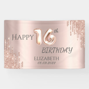 Elegant Rose Gold Glitter Drips 16th Birthday Banner