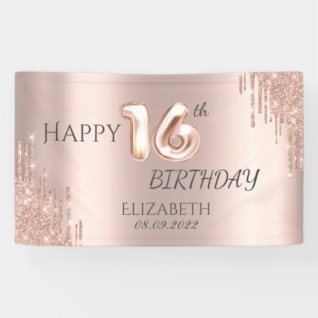 Elegant Rose Gold Glitter Drips 16th Birthday   Banner (Horizontal)
