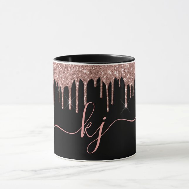 Elegant Rose Gold Glitter Drips 2 Monogram Script  Mug (Center)