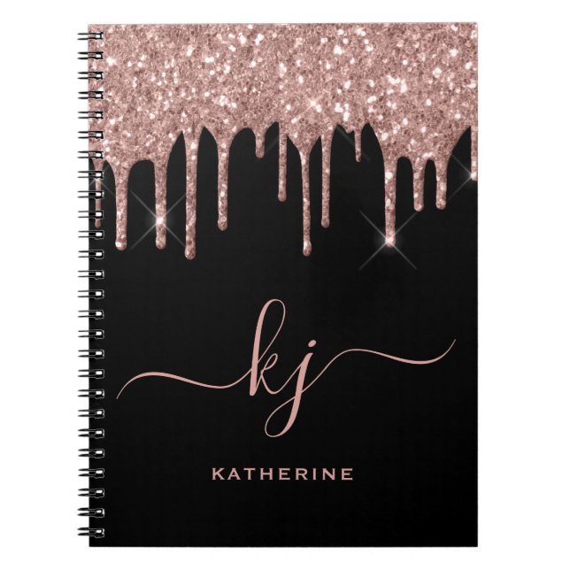 Elegant Rose Gold Glitter Drips 2 Monogram Script  Notebook (Front)