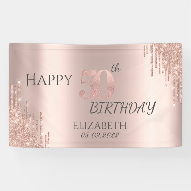 Elegant Rose Gold Glitter Drips 50th Birthday Banner (Horizontal)