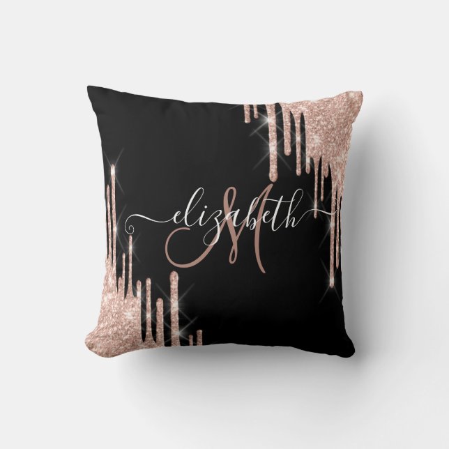 Elegant Rose Gold Glitter Drips Black Monogram Cushion (Front)