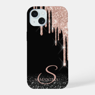 Elegant Rose Gold Glitter Drips Black Ombre iPhone 15 Case