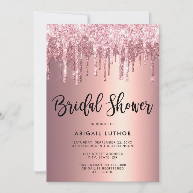 Elegant rose gold glitter drips bridal shower invi invitation (Front)