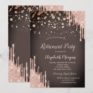 Elegant Rose Gold Glitter Drips Brown Retirement Invitation
