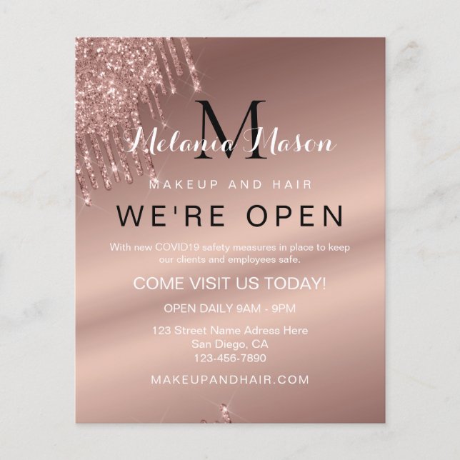Elegant Rose Gold Glitter Drips Chic Beauty Salon Flyer (Front)