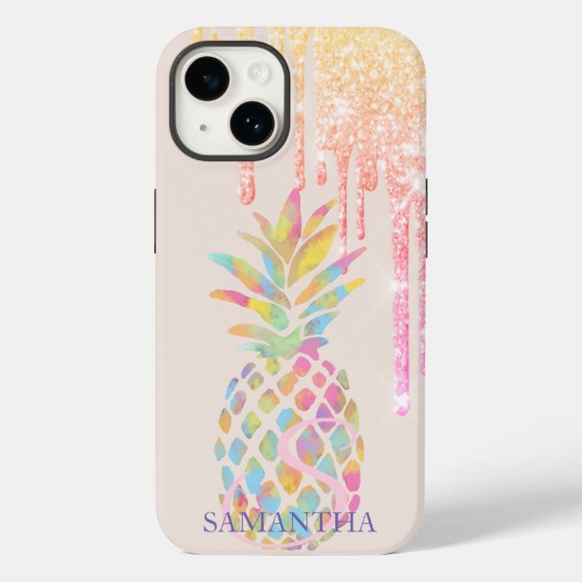 Elegant Rose Gold Glitter Drips Colourful Pineappl Case-Mate iPhone Case (Back)