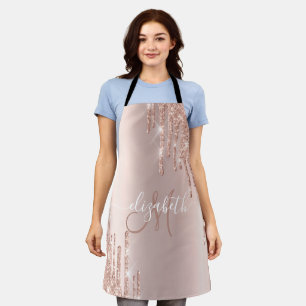 Elegant Rose Gold Glitter Drips Drops Monogram Apron