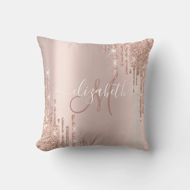 Elegant Rose Gold Glitter Drips Drops Monogram Cushion (Front)
