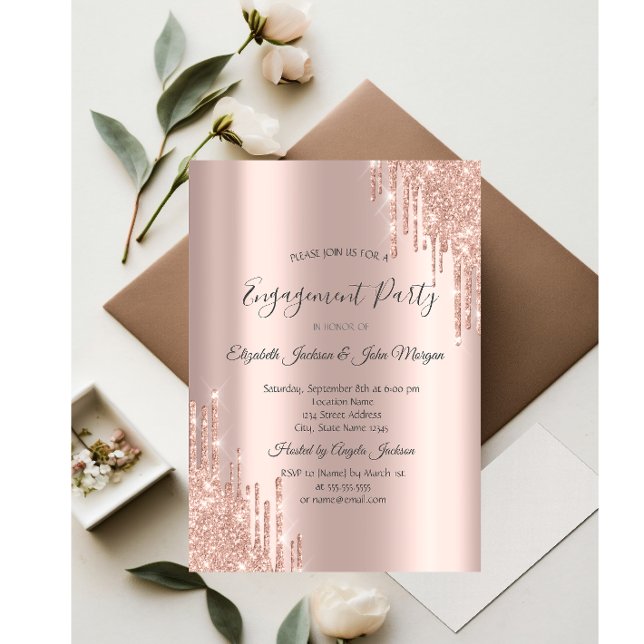 Elegant Rose Gold Glitter Drips Engagement Invitation (Creator Uploaded)