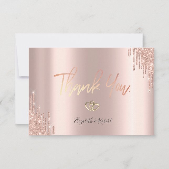 Elegant Rose Gold Glitter Drips Gold Hearts Thank You Card (Front)