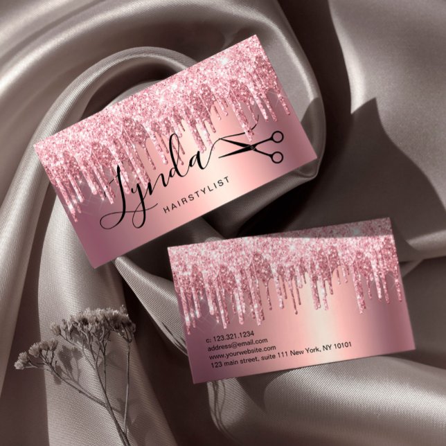 Elegant rose gold glitter drips hairstylist  business card (Creator Uploaded)