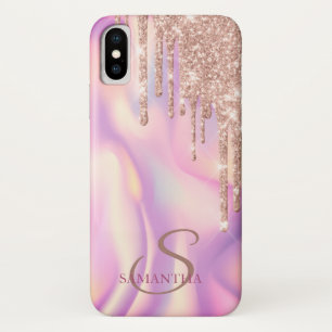 Elegant Rose Gold Glitter Drips Holographic iPhone X Case