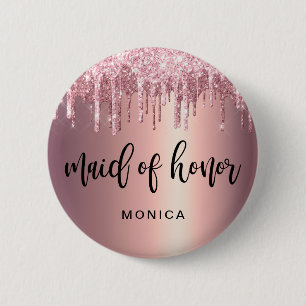 Elegant rose gold glitter drips maid of honour 6 cm round badge