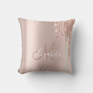Elegant Rose Gold Glitter Drips Monogram Cushion