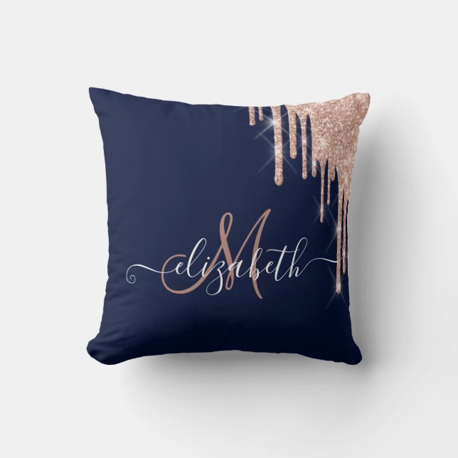 Elegant Rose Gold Glitter Drips Monogram Navy Blue Cushion (Front)