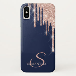 Elegant Rose Gold Glitter Drips,Navy Blue iPhone X Case