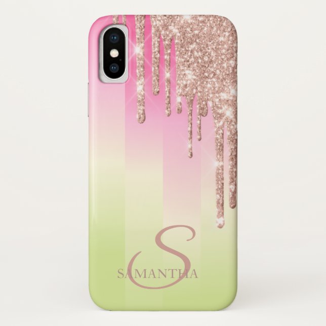 Elegant Rose Gold Glitter Drips Ombre Striped Case-Mate iPhone Case (Back)