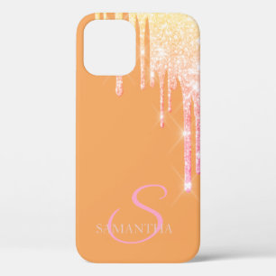 Elegant Rose Gold Glitter Drips Orange iPhone 12 Case