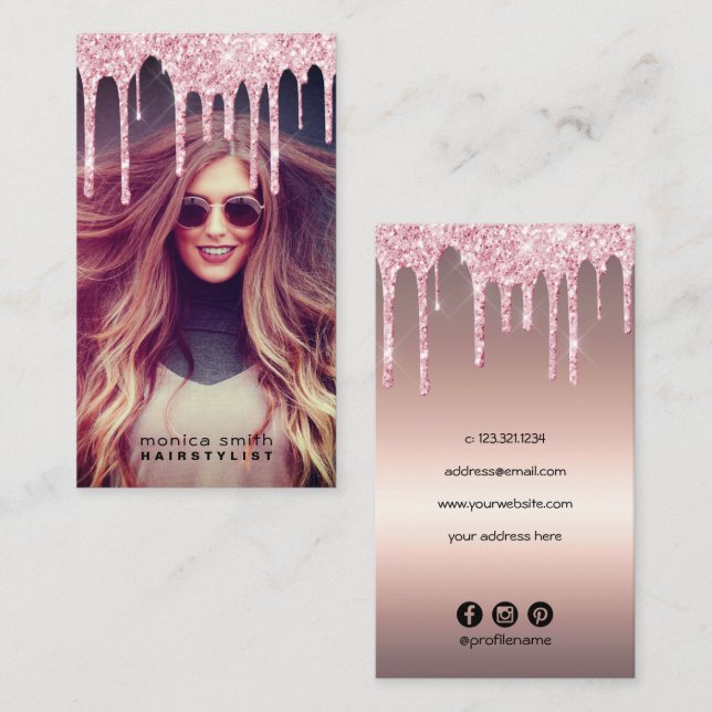 Elegant rose gold glitter drips photo hairstylist business card (Front/Back)