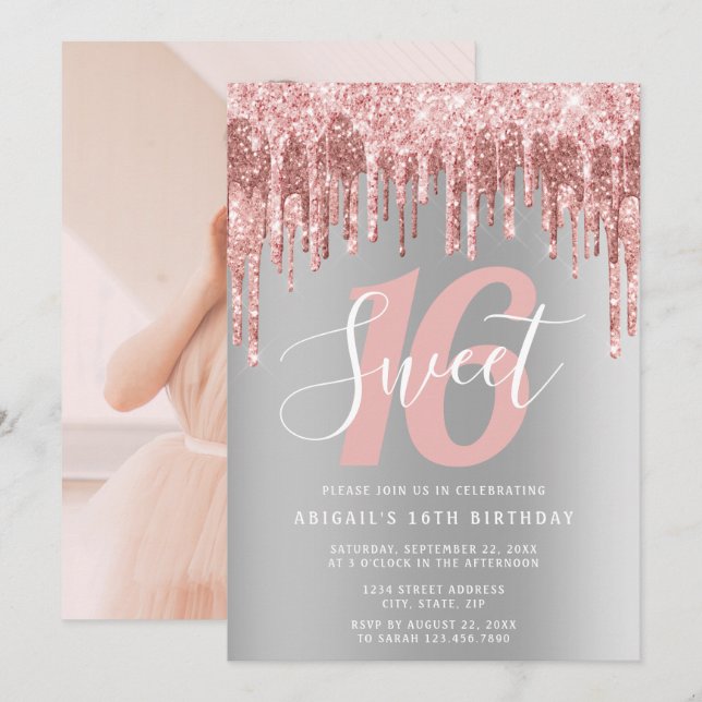 Elegant rose gold glitter drips sweet sixteen invi invitation (Front/Back)