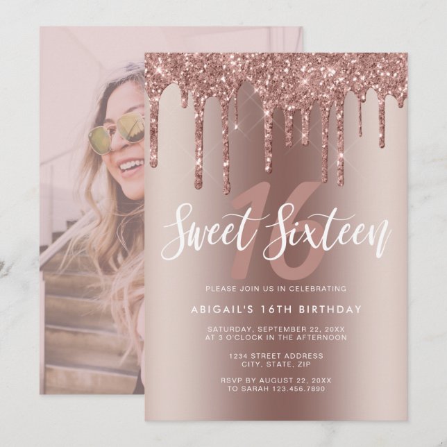 Elegant rose gold glitter drips sweet sixteen invitation (Front/Back)