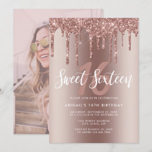 Elegant rose gold glitter drips sweet sixteen invitation