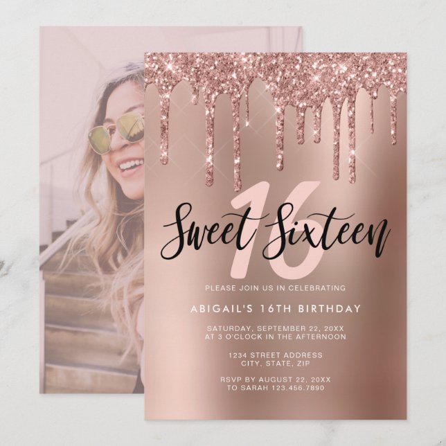 Elegant rose gold glitter drips sweet sixteen invitation (Front/Back)
