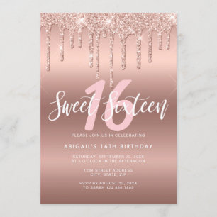Elegant rose gold glitter drips sweet sixteen invitation