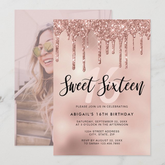 Elegant rose gold glitter drips sweet sixteen invitation (Front/Back)