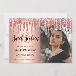 Elegant rose gold glitter drips sweet sixteen  invitation